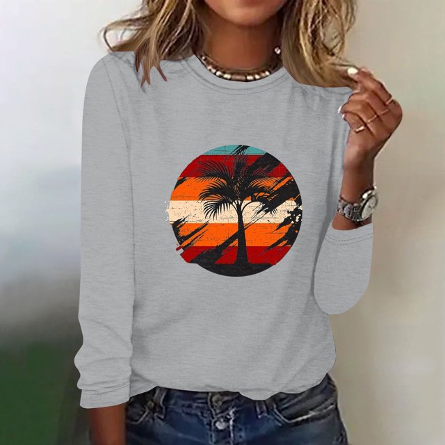 EQWLJWE Chemises à Manches Longues pour Femmes Mode d'Entraînement Printemps Imprimé Manches Longues Col Rond Tee Décontracté Hauts Vêtements d'Automne pour Femmes
