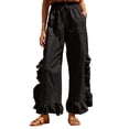 thumbnail image 2 of Mifsaly Womens Casual Pants Elastic Waist Drawstring Wide Leg Trousers Ruffle Trim Lightweight Breathable Summer Vacation Lounge Everyday Clothes with Pockets Black,XXL, 2 of 8