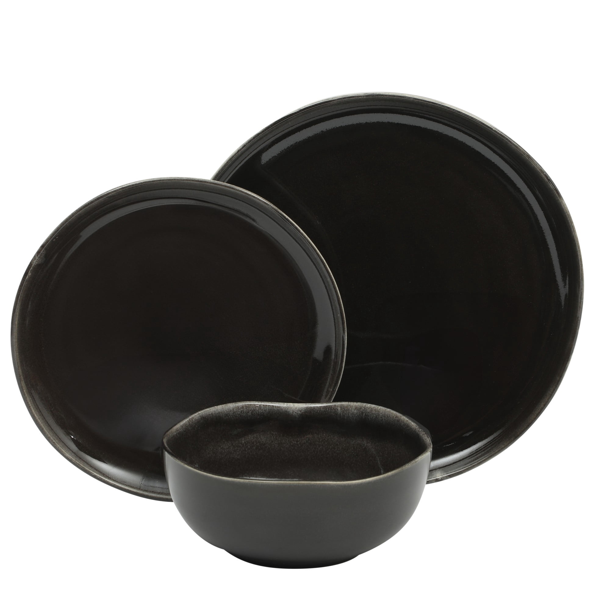 Gibson Soho Lounge Nardini 12 Piece (Service for 4) Plates and Bowls Reactive Glaze Dishes Stoneware Ceramic Dinnerware Set - Black and Blue