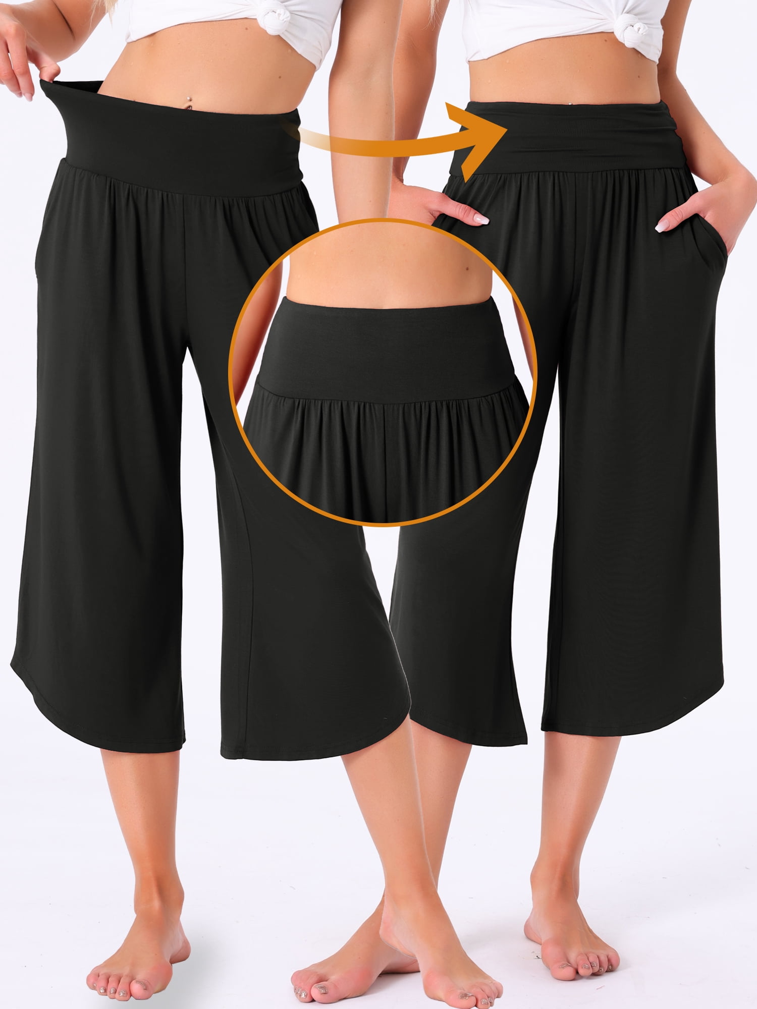 DARING DIVA Women's Capri Lounge Yoga Cropped Summer Casual Wide Leg Pants XS Black
