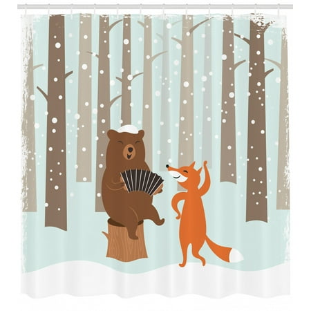 Forest Shower Curtain Christmas Bear Playing Accordion And Fox