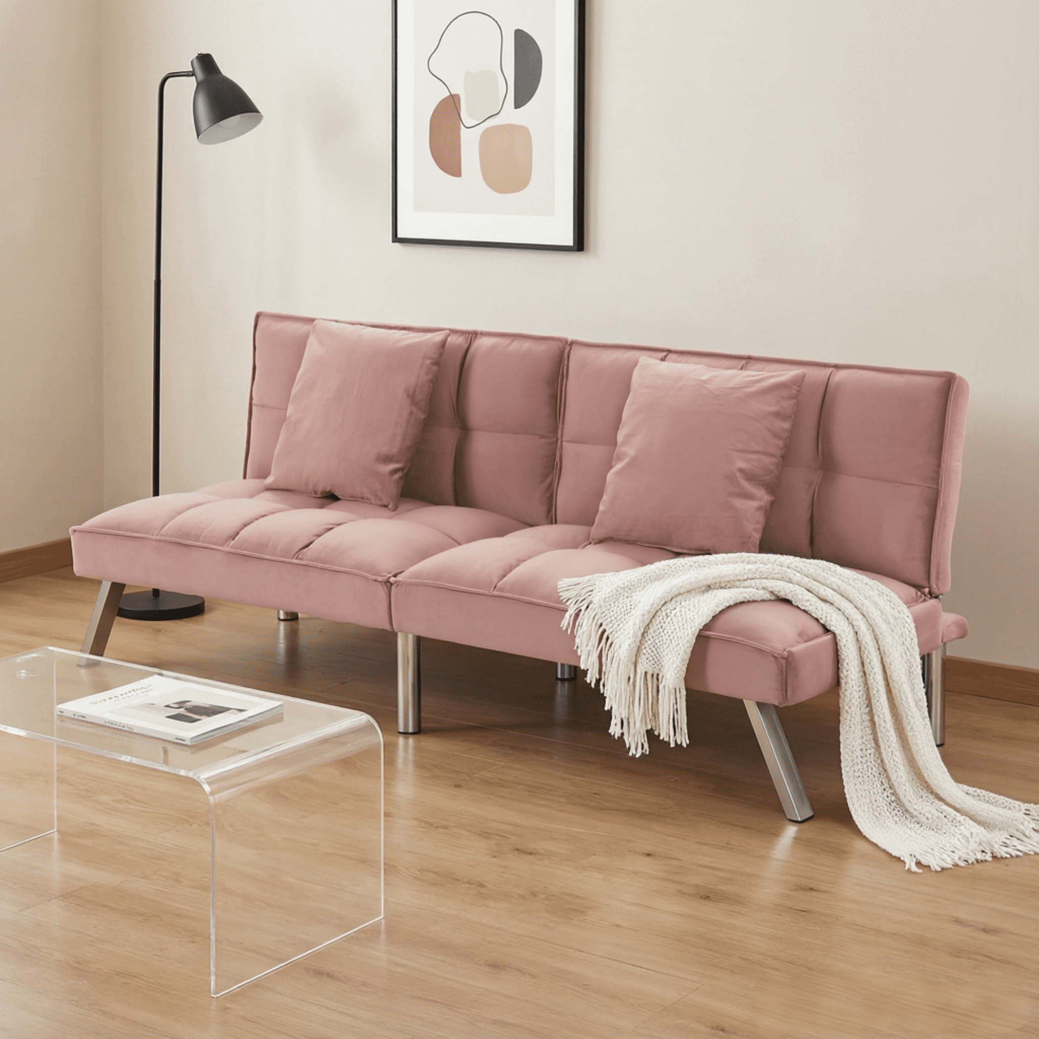 BSHTI 67.7” Velvet Fabric Futon Sofa Bed, Convert to Sofa Bed with functioning futon sleeper Recliner, Twin Sleeper Couch,5-Level Adjustable Backrest Backrest, Living Room and Office Use（Rose Red）