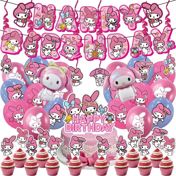40 PCS For My Melody Cartoon Themed Party Decorations and Favors Set – Banner, 20 Balloons and 13 Cupcake Toppers, 6 Spiral Ornament for Celebration Birthday Parties Supplies