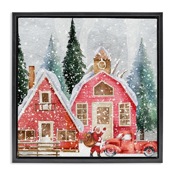Stupell Industries Rustic Lodge Red Barn Santa Delivery Black Floating Frame Canvas Art, 18 x 18, by Jesse Keith