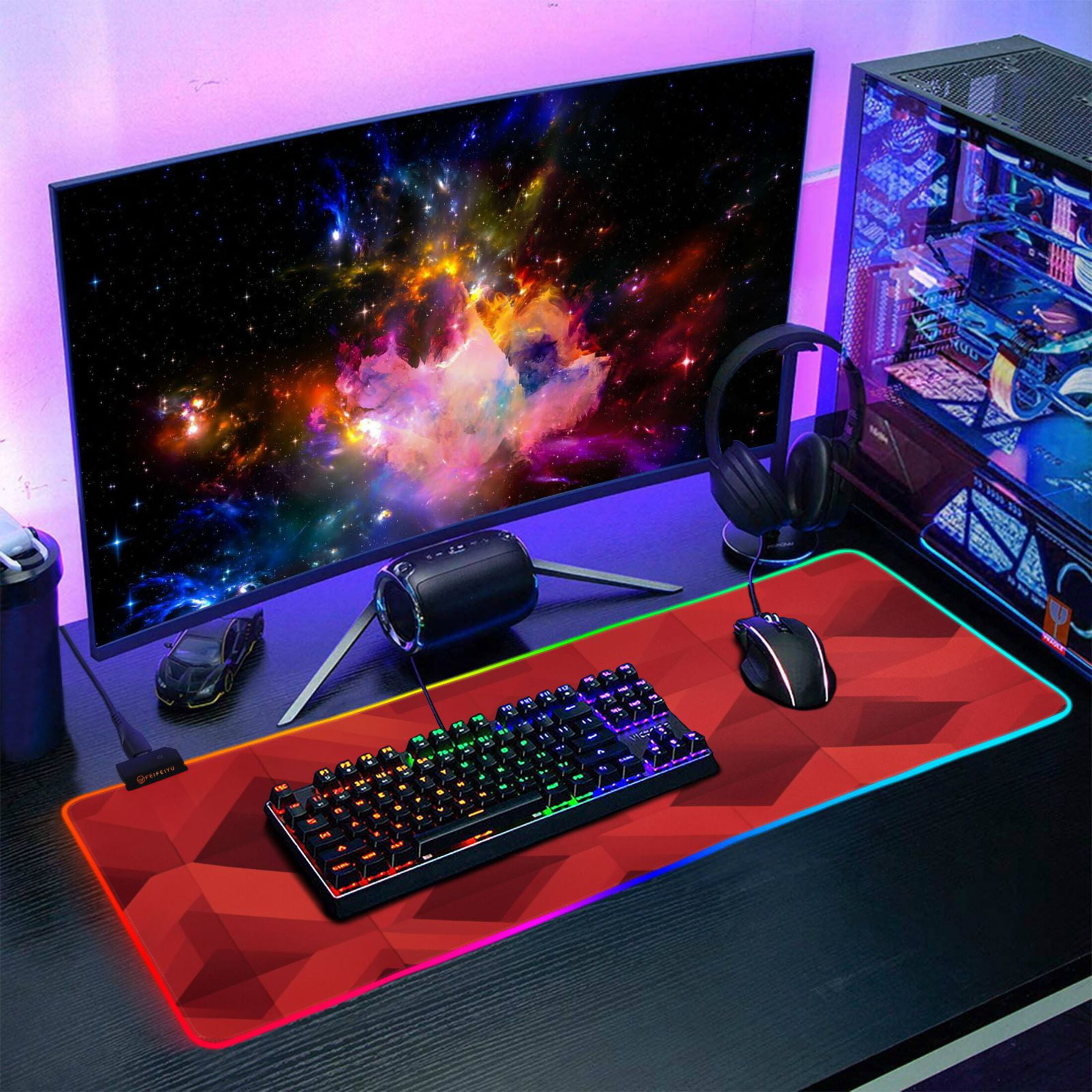 Red Geometric Patten RGB Gaming Mouse Pad Large Keyboard Mat Rubber Base 13 Light Modes