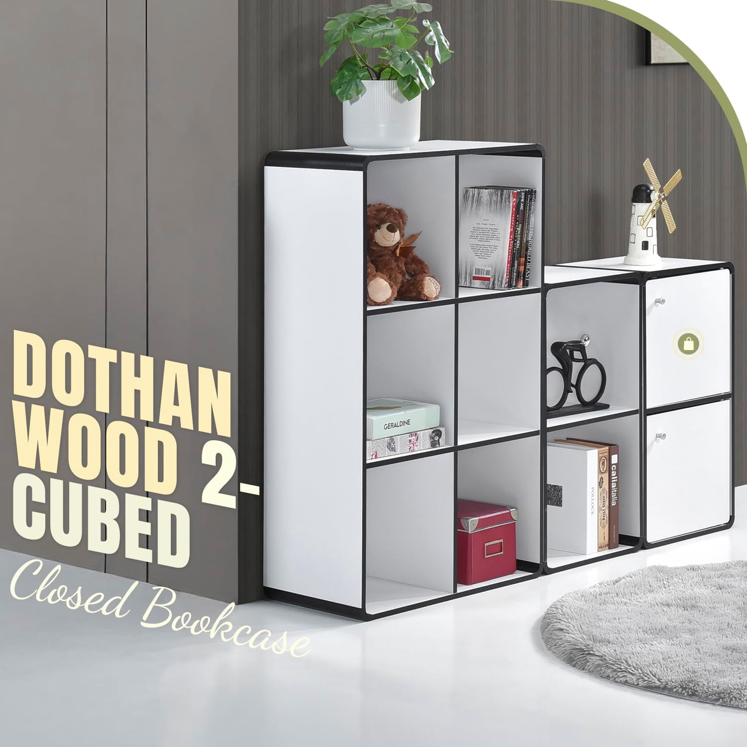 Dothan Wood 2-Cubed Closed Bookcase - Storage Shelf Organizer Bookshelf (White)