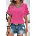 thumbnail image 5 of Women's Bright Pink Leopard Patchwork V Neck T-Shirt - Trendy Casual Style | [ZhiHiMeRi] | (US 12-14)L, 5 of 7
