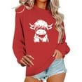 thumbnail image 2 of SYMOID women's casual oversized cotton sweatshirt, cute Hi-nd cow graphic, crew neck cuffed sleeve, red,Size S, 2 of 6