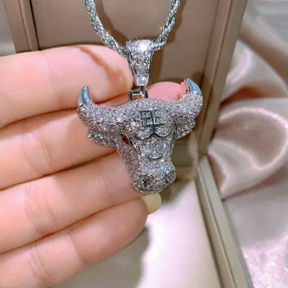 EOEMY Bull Head Cubic Zircon 925 Silver Necklace Pendant Luxury Women Party Gift