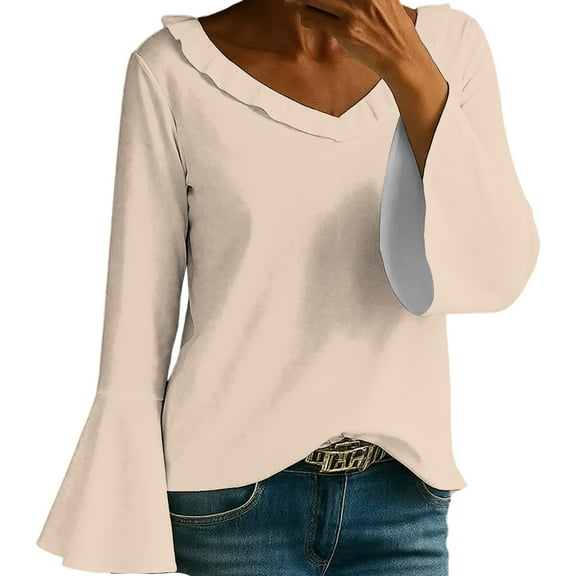 Holzkary Women's Long Bell Sleeve Tops V Neck Dressy Casual Shirts Ladies Loose Fit Blouses Tunic Fall T Shirts Women Loose Fit Long Sleeve Boat Neck Tops Casual Blouses Print Sleeve Tops Beige L