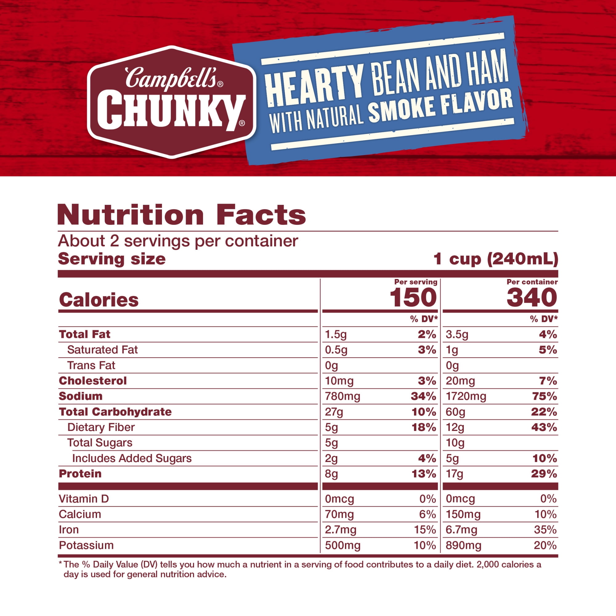 (12 pack) Campbell’s Chunky Soup, Ready to Serve Hearty Bean Soup with Ham, 19 oz Can
