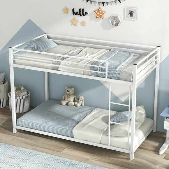 Gymax Twin Over Twin Bunk Bed Frame Platform W/Guard Rails & Side Ladder White