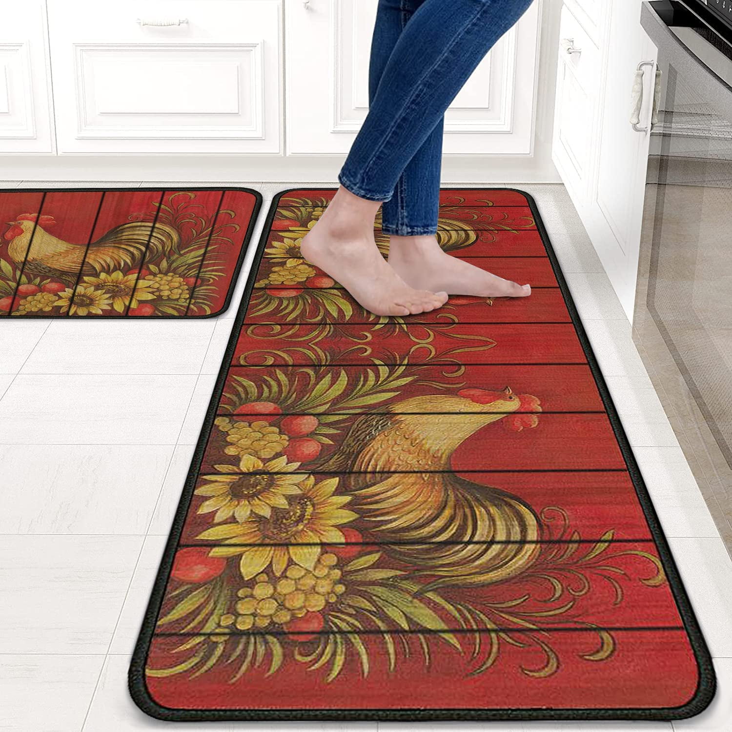 Black Kitchen Rugs and Mats Sets of 2, Funny Kitchen Decoration Rubber Backing Non-Slip Absorbent Mats for Sink Waterproof Runner Rug for Laundry Room 17x30+17x48inch