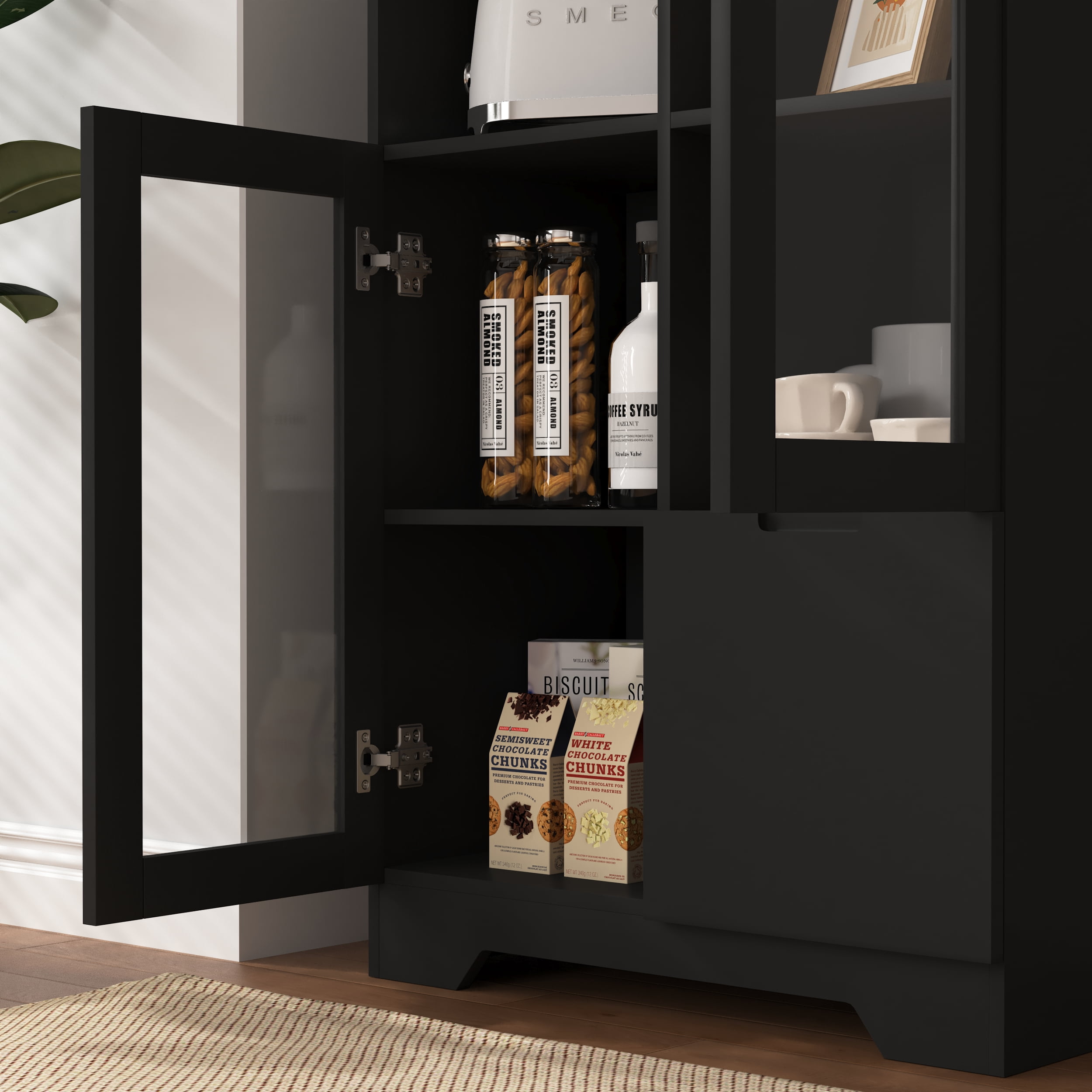 MAYEERTY White MDF Cabinet with Glass Doors & Drawer, Modern Storage Cabinet for Living Room & Bedroom, Black
