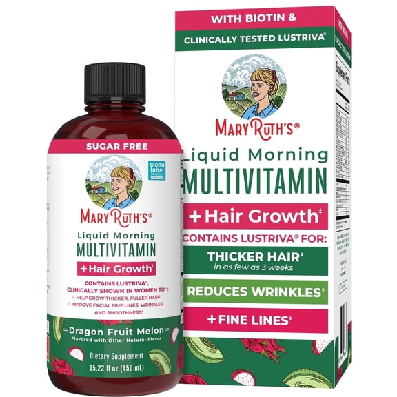 MaryRuth Organics Liquid Multivitamin Supplement with Biotin 10000mcg for Hair Growth Vegan Gluten-Free Dragonfruit Melon Flavor, Adults Ages 18 , 15.22 fl oz