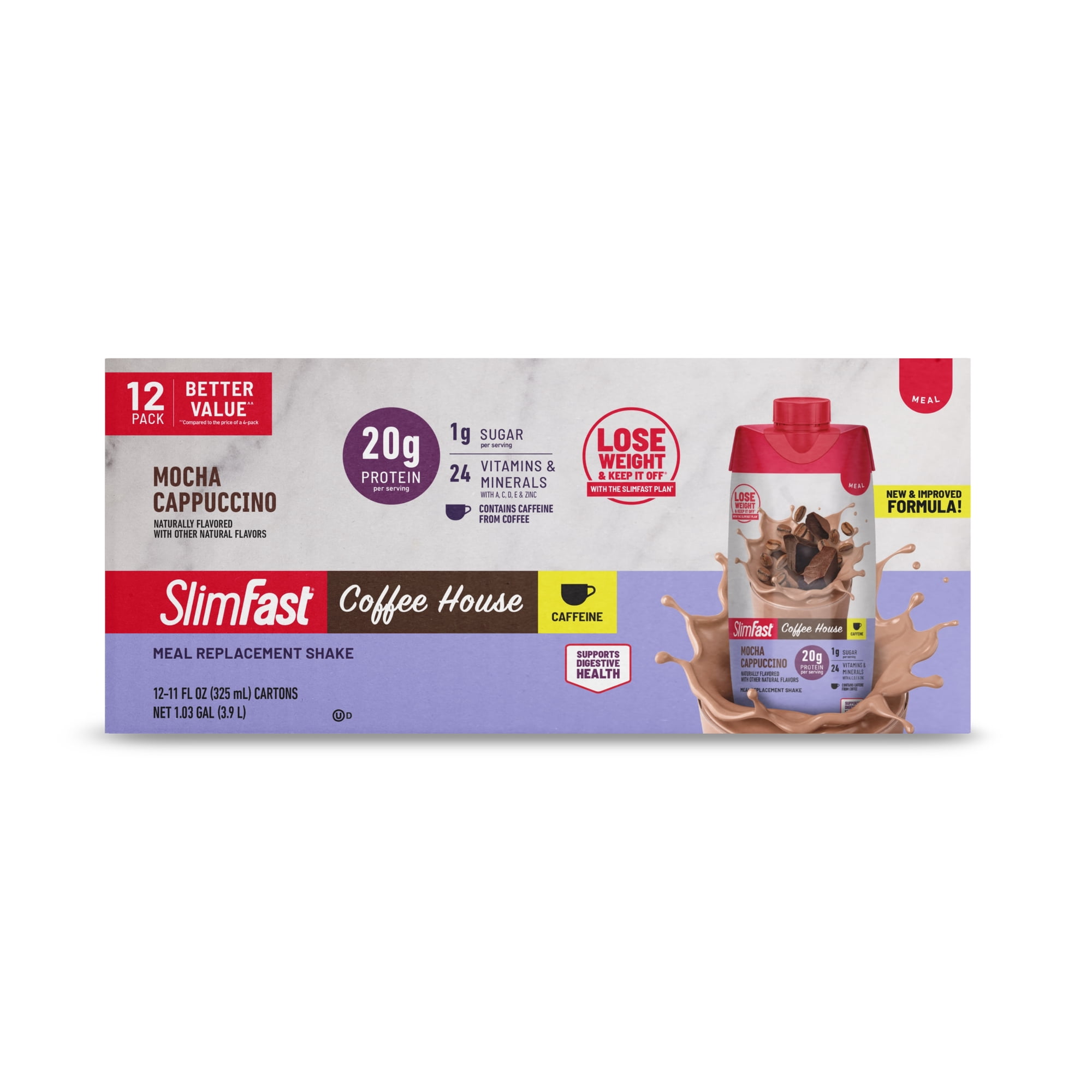 SlimFast High Protein 20g Energy Ready To Drink Meal Replacement Shake Coffee House Mocha Cappuccino, 11oz, 12ct