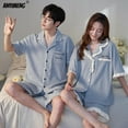 thumbnail image 3 of Conjunto de pijama a juego para hombre y mujer, ropa de dormir de algodón suave, pantalones cortos con estampado de oso sólido, novedad de verano, 3 of 4