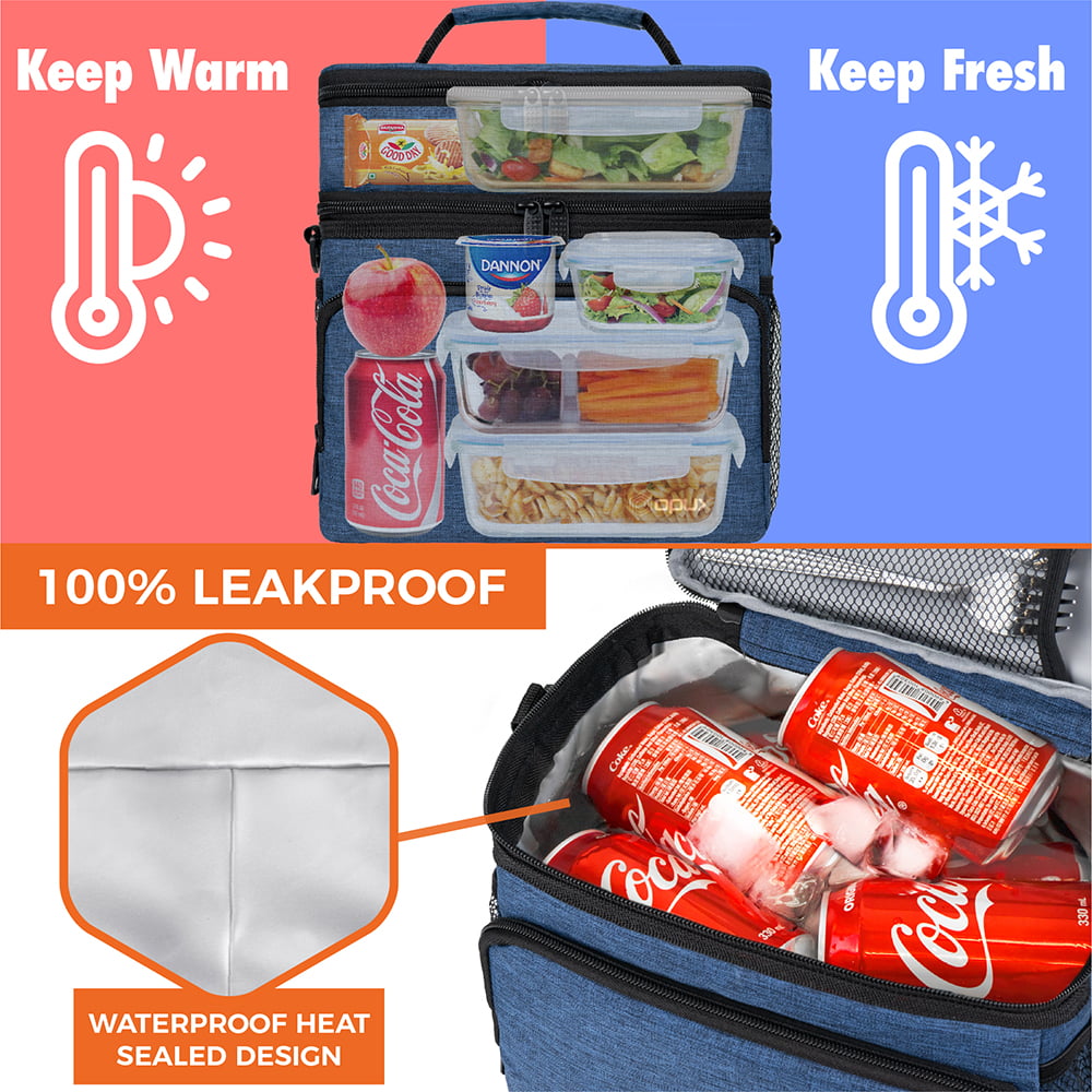 Insulated Dual Compartment Lunch Bag for Men, Women | Double Deck Reusable Lunch Pail Cooler Bag with Shoulder Strap, Soft Leakproof Liner | Large Lun