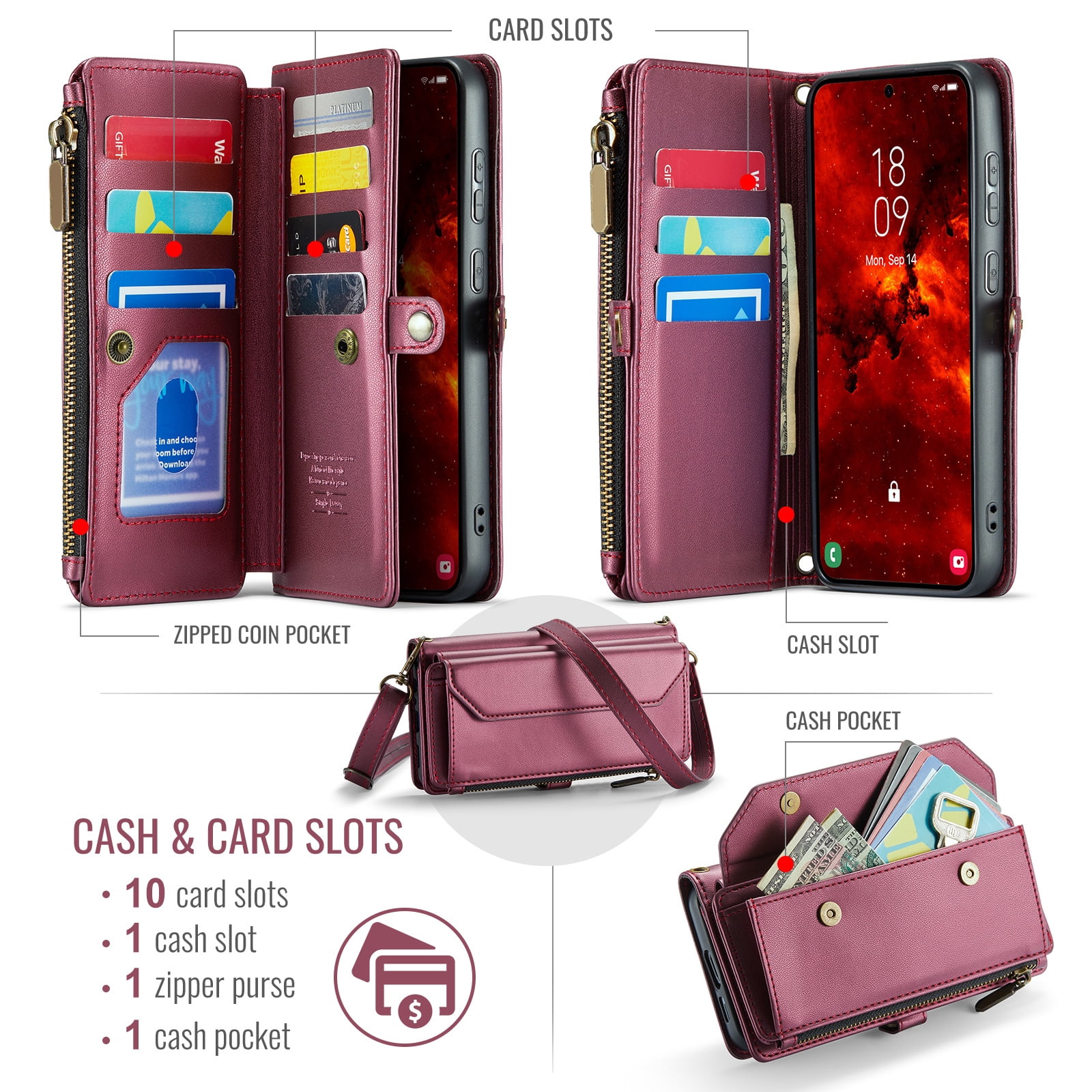 Compatible with Samsung Galaxy S24 FE 5G Zipper Wallet Phone Case Tempered Glass Screen Protector Crossbody Lanyard Strap Flip Card Holder Slot Cell Cover for S 24 EF AI S24FE 24S Women Wine Red