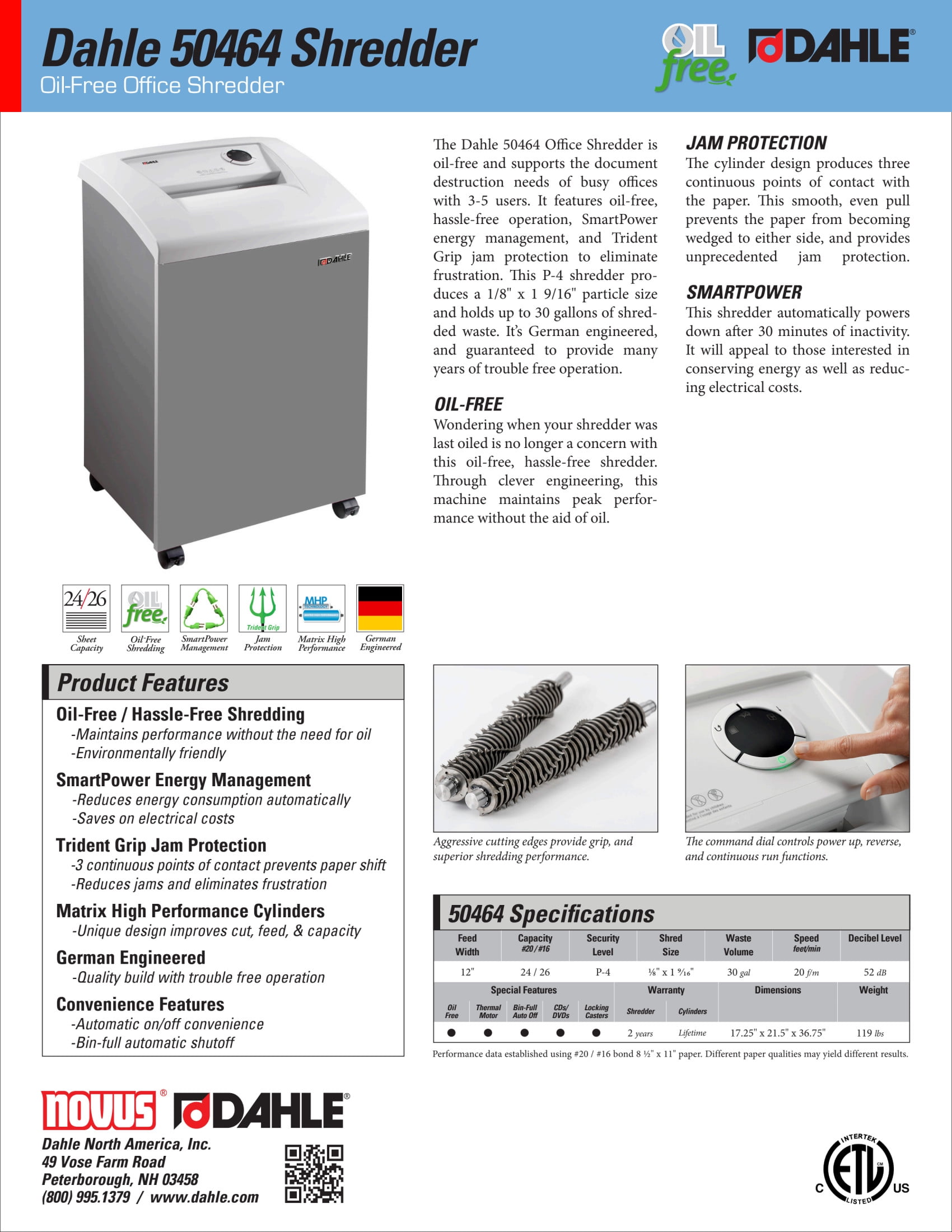 Dahle 50464 Oil-Free Paper Shredder w/Jam Protection, German Engineered, 24 Sheet Max, Level P-4 | O-3