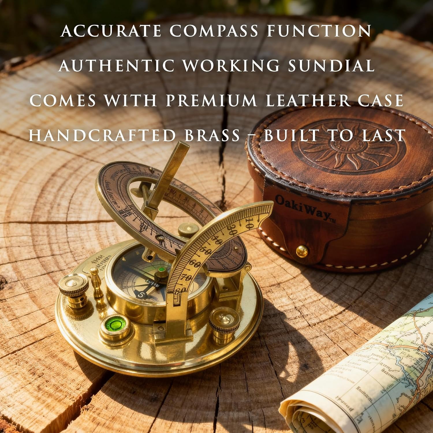 OakiWay Brass Sundial Compass with Leather Case - Vintage Nautical Pocket Watch Clock Design, Antique Maritime Decor & Gift for Men, Sailors, Engineers, and Collectors - (4.1" inch)