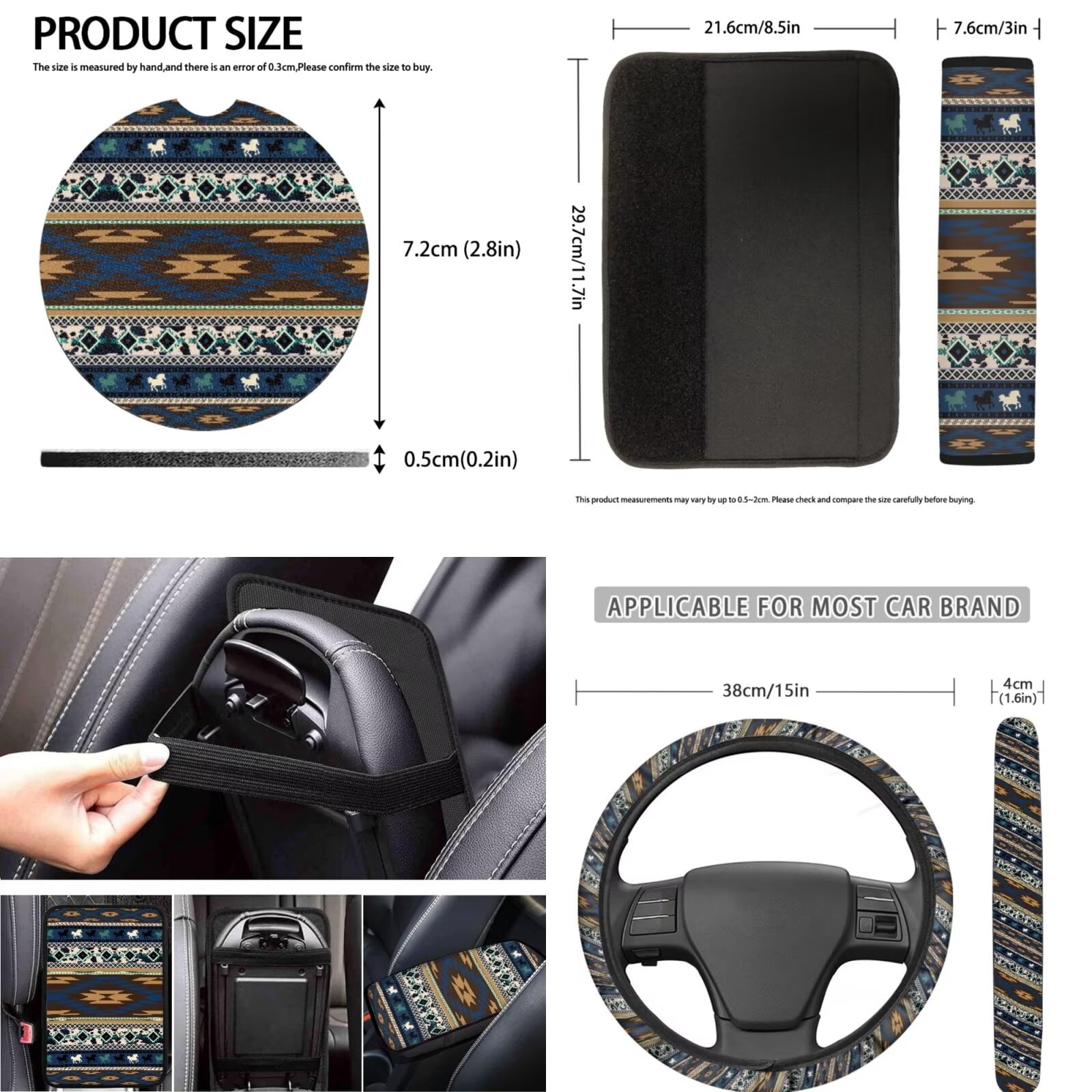 LedBack Aztec Southwest Car Seat Cover Full Set for Women Men, Horse Print Universal Car Accessories Non Slip Steering Wheel Covers Soft Armrest Pads Seat Belt Cover Coaster for Cars Trucks SUVs