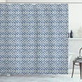 thumbnail image 1 of Tie Dye Shower Curtain, Far Eastern Scales Messy Curves with Vertical Stripes and Grungy Look, Fabric Bathroom Set with Hooks, 69W X 84L Inches Extra Long, Navy Blue and Cream, by Ambesonne, 1 of 3