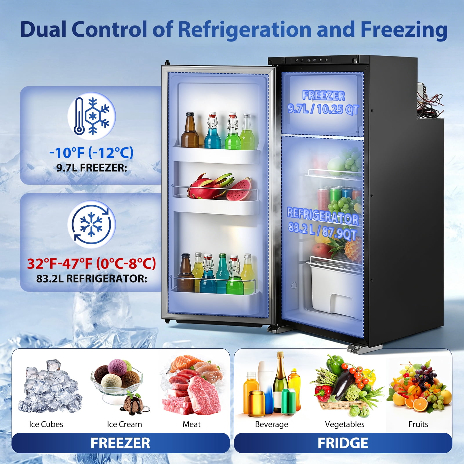 Hemoton Black Rv Refrigerator with Dual Temperature Zones and Powerful Cooling for Camping