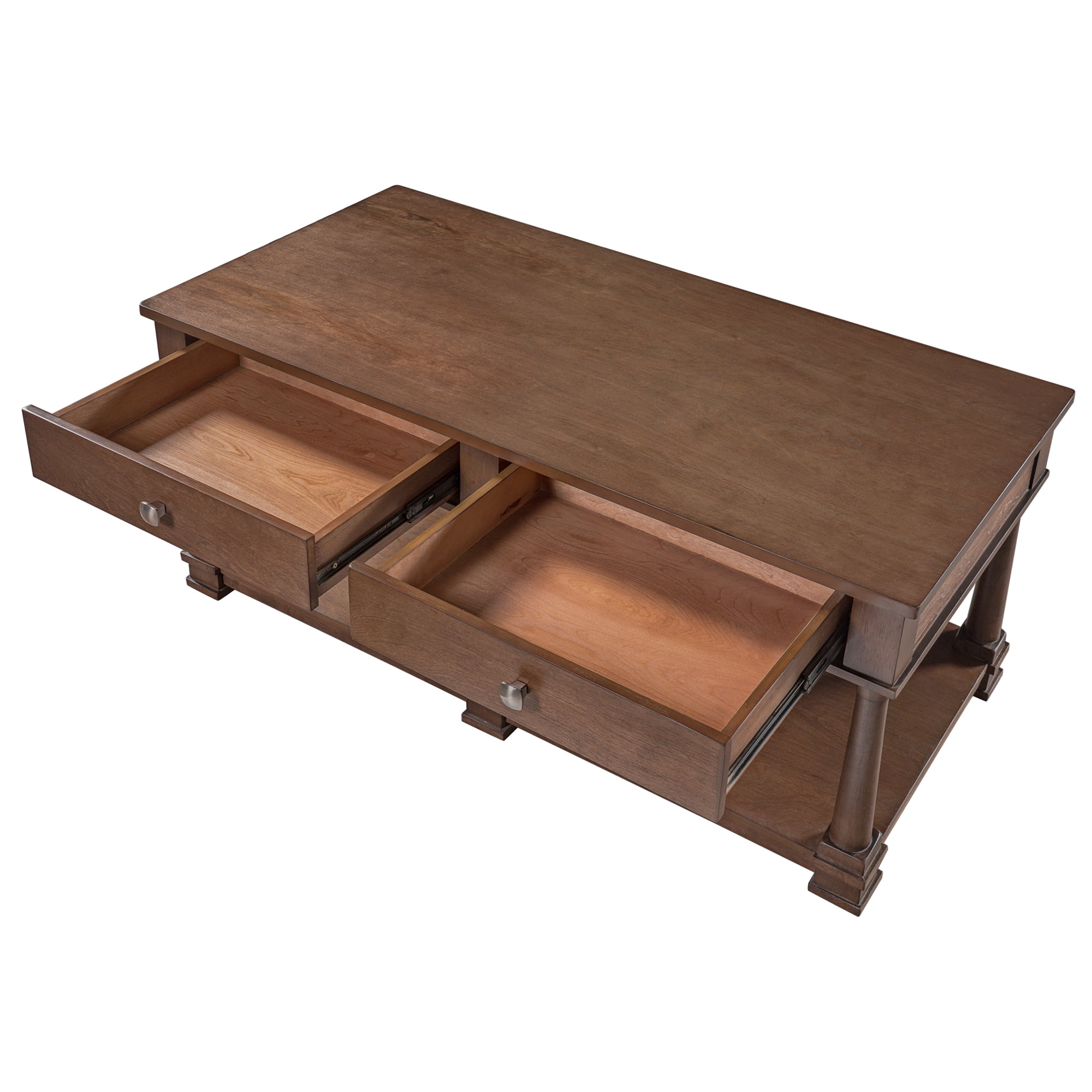 Leumius Farmhouse Coffee Table with 2 Storage Drawers & Lower Open Shelf, Rectangular Cocktail Table with Solid Wood Legs for Living Room Brown