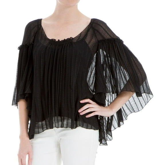 Max Studio London Womens Sheer Batwing-Sleeve Pullover Blouse, Black, Small