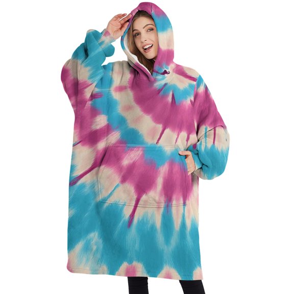 Oversized Wearable Blanket Hoodie,Colorful Tie Dye Mandala Pattern Sherpa Blanket Hoodie with Super Pockets,Super Warm Fuzzy Pullover for Women & Men