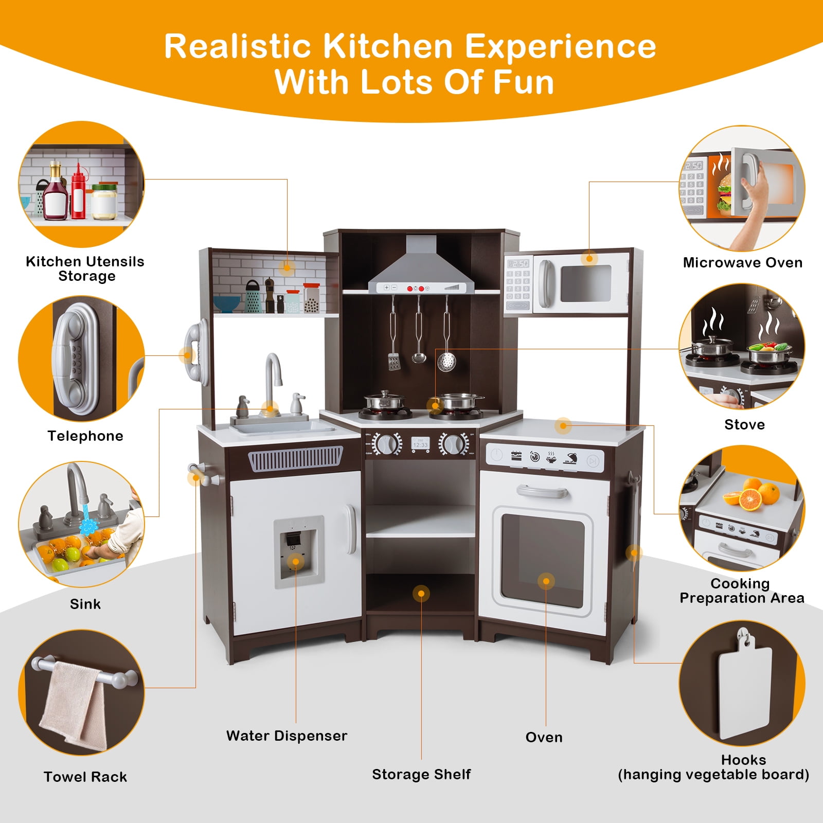 Toddler Play Kitchen Corner Wooden Pretend Kids Toys Playset Gift with Realistic Lights & Sounds, Water Dispenser, Microwave Oven, Phone, Sink, Cooking Accessories