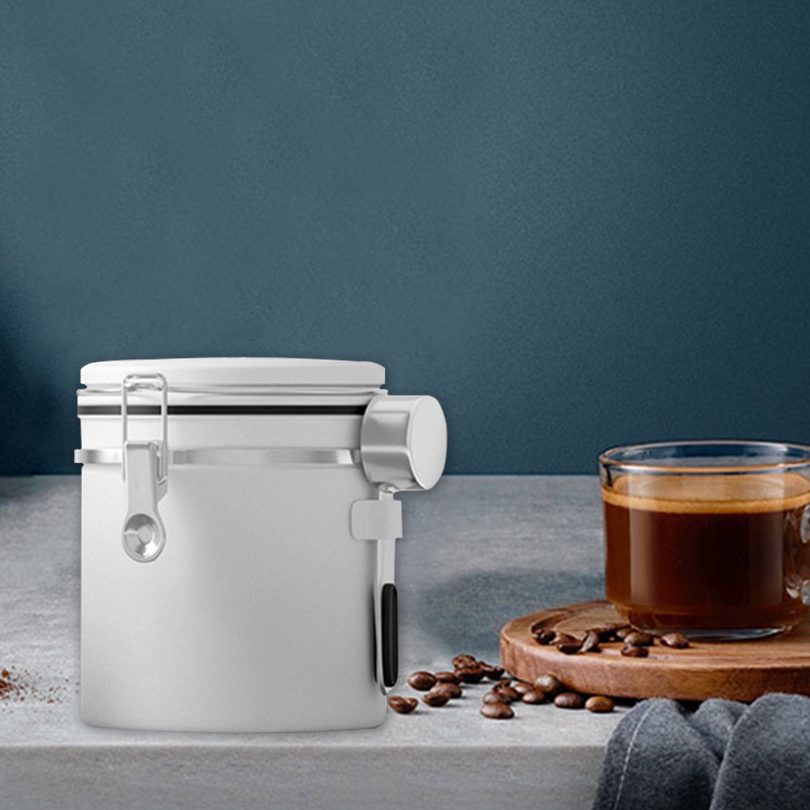 Hwuxmo Coffee Canister, Airtight Stainless Steel Kitchen Food Storage Container With Date And Scoop For Grounds Coffee,Beans, Tea, Flour, Cereal, Sugar(1.5L) White