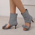 thumbnail image 4 of SACFOF Women's Peep Toe Stiletto Denim Sandals Summer Booties Lace Up Thin Heels Back Zip Tassel Pumps, 4 of 6