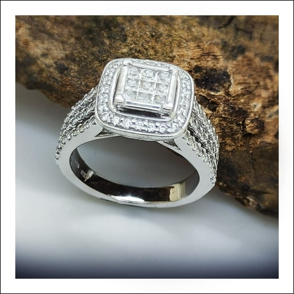 Poshadime Halo Wedding Engagement Ring - 18K White Gold Plated Silver 1 Cttw Simulated Diamond (VVS1-VVS2 Clarity, White Color), Ring Size-12.5"