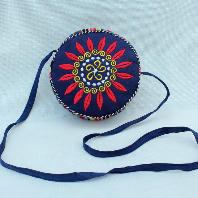 Bolso de lona con bordado de girasoles de estilo étnico, bolso de hombro redondo en diagonal con girasoles de arcoíris