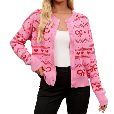 ZHOUCHANKIDS Valentines Cardigan Sweaters for Women Heart Graphic Knit Sweater Button Down V Neck Open Front Outerwear Hot Pink S