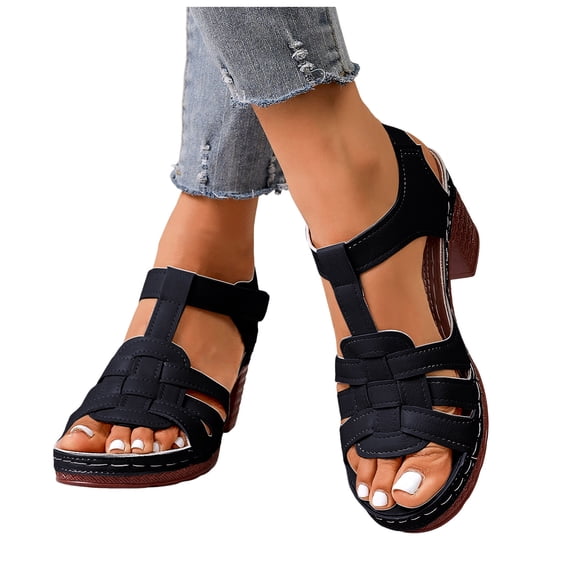 Rokment Orthopedic High Heels Dressy Sandals for Women Ladies 2026 Fashionable Casual Leather Platform Arch Support Chunky Block Pumps Dress Sandals Summer Black Size 6.5