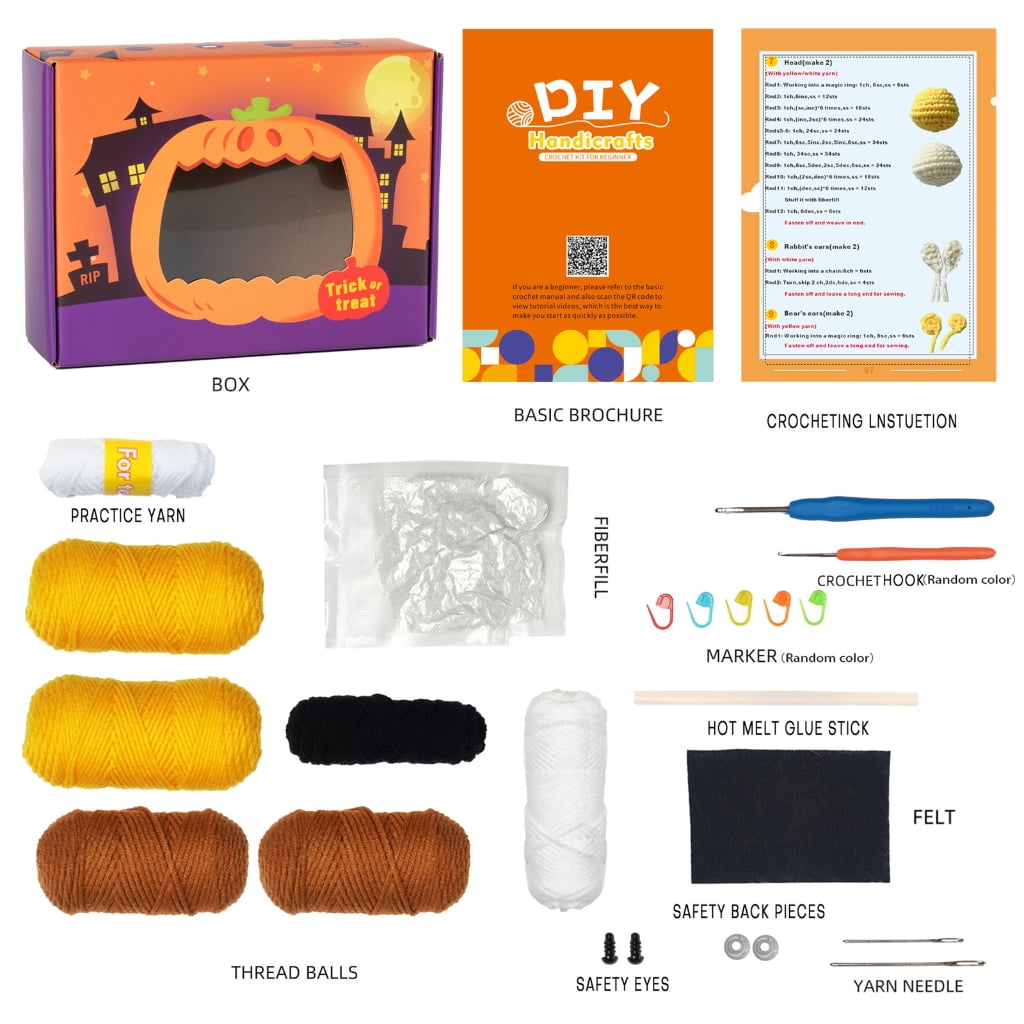 Halloween Pumpkins Crochet Set with Step-by-Step Instruction, Crochet Hook, Yarns, Knitting Needle, Beginner Crochet Set