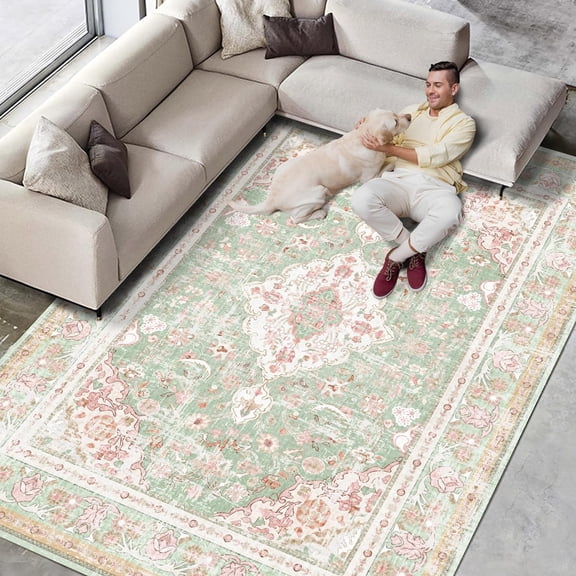 Washable Area Rugs Boho Vintage Modern Neutral Large Carpet Green and Pink High Traffic Rugs 5×7 for Dinning Room Living Room Bedroom Farmhouse Non Slip