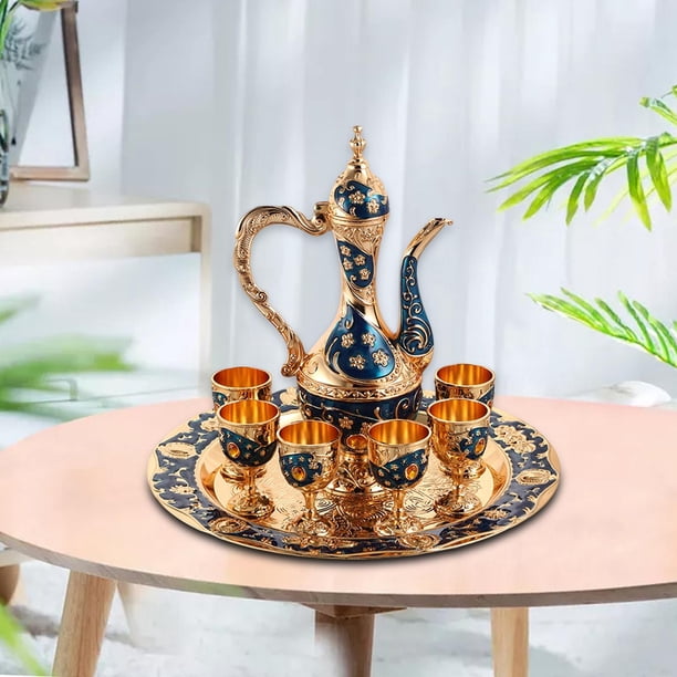 Juego de cafetera turca, juego de 6 tazas para servir té, servicio de bebidas para el hogar, dormitorio, mesa de comedor, decoración de sala de estar Azul Soledad Jarra de bebidas