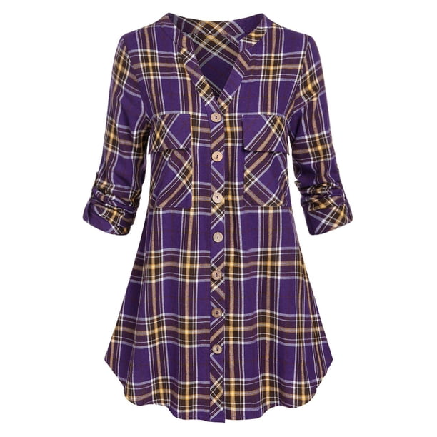 Bolsillos de talla grande Roll Up Sleeve Plaid Shirt Rosegal Blusas Tallas Grandes