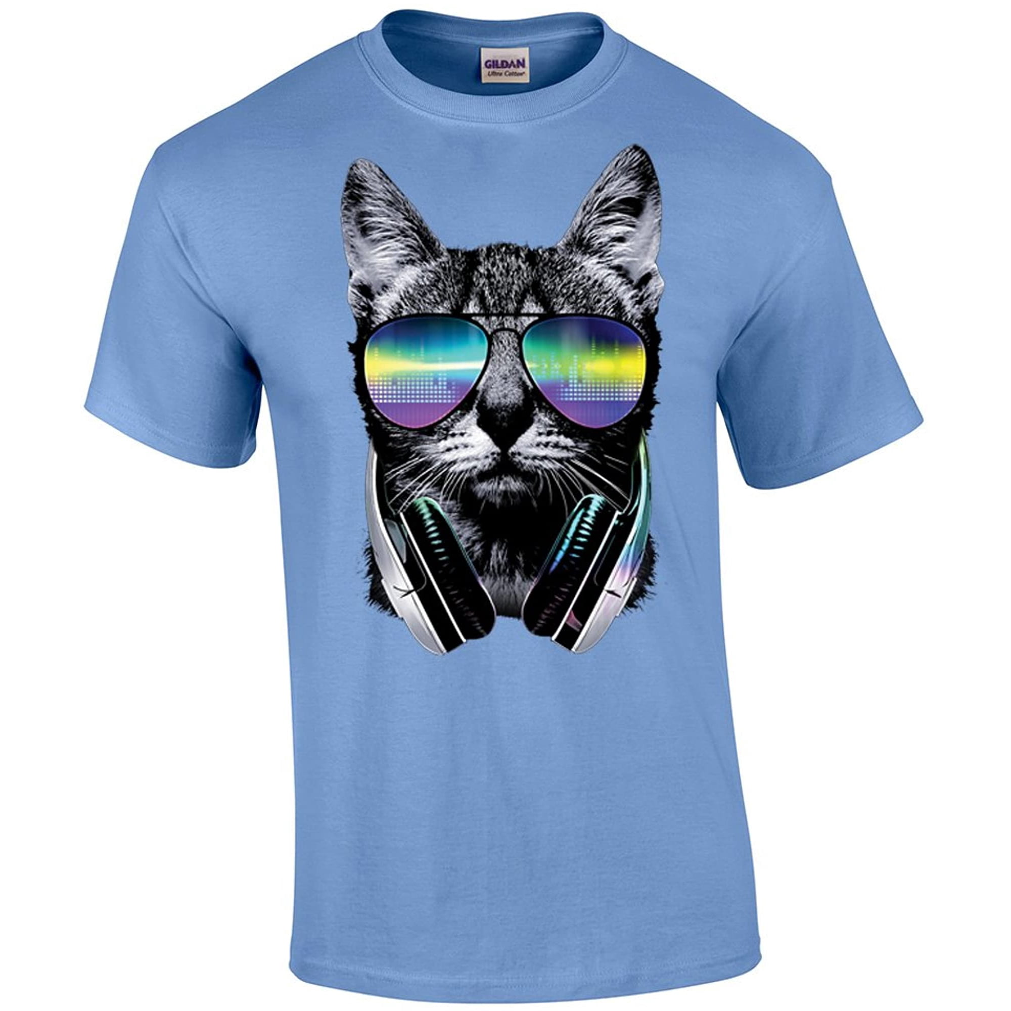Neon Cat in Glasses with Headphones Funny Adult Tee Shirt Black 