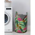 thumbnail image 3 of Flamingo Laundry Bag, Tropical Animals on Striped Background with Pineapples Banana Leaves Grunge Look, Basket with Handles Drawstring Closure for Laundromats, 13" x 19", Multicolor, by Ambesonne, 3 of 4