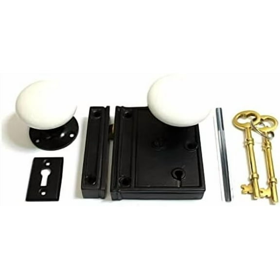 Victorian Style Square Cast Iron Rim Lock with White Porcelain Knobs$$Tools & Hardware Other