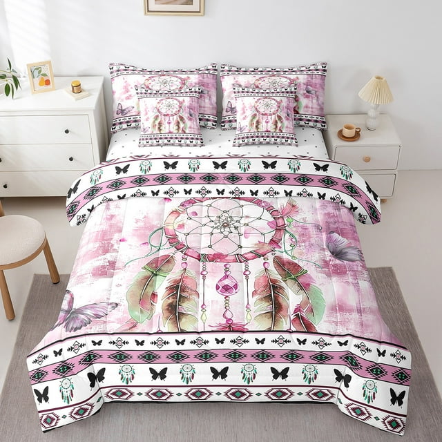 Ensemble de Douillette Complète Attrape-Rêves Bohème 7 Pcs pour Filles Femmes, Literie Ombrée Rose, Ensembles de Douillette; Ensemble de Lit Bohème Dégradé Aztèque Chic avec Papillons, Ensemble de Draps de Lit Esthétique Abstraite