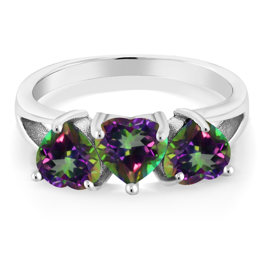 Gem Stone King 2.85 Ct Heart Shape Green Mystic Topaz 925 Sterling Silver 3-Stone Ring