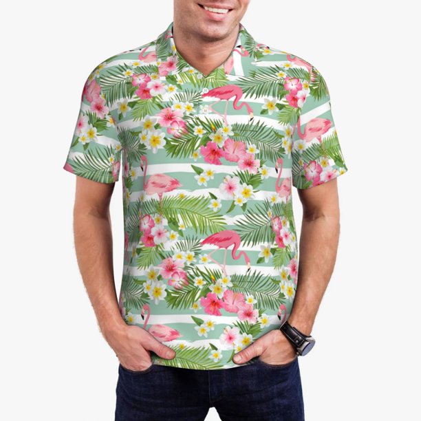 Fotbe Tropical Flamingo Camiseta Polo de Golf para Hombre con Estampado – Camisa Deportiva Transpirable con Cuello Abotonado-Small