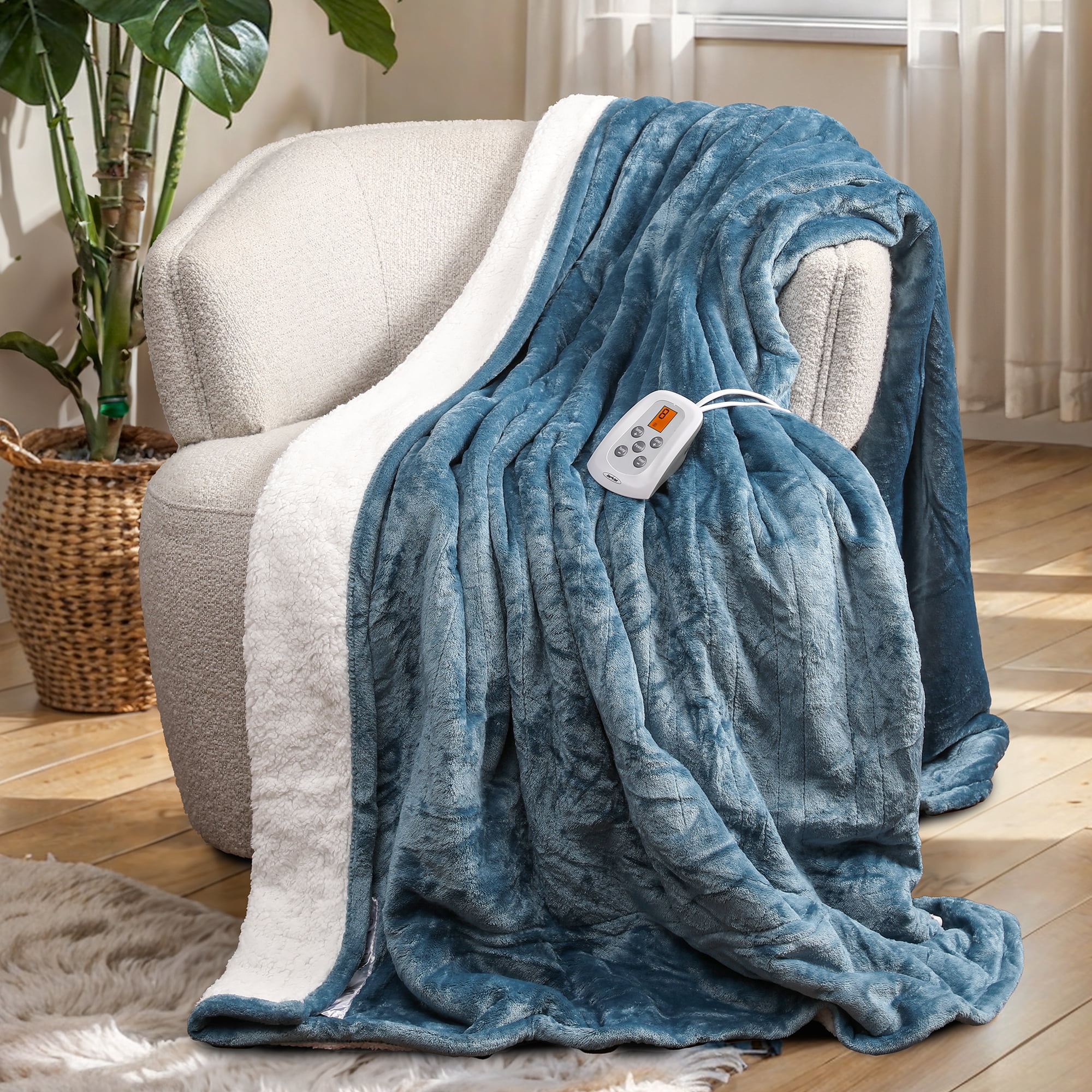 Mayincolor Electric Heated Blanket, 84" x 62" Twin Size Electric Blanket with 10 Heating Levels and 12 Hours Auto-Off, Soft Flannel and Sherp Blanket with ETL & FCC Certification, Blue