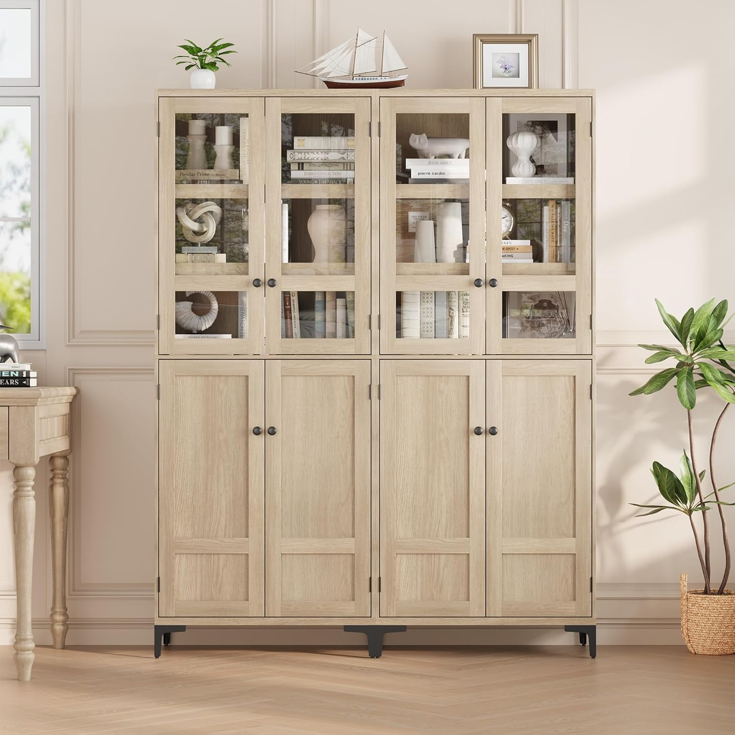 Hetoy 71-Inch Tall Storage Cabinet, Kitchen Food Cabinet, 5-Shelf Bathroom Cabinet, Glass Door with 4-Door Adjustable Shelves for Kitchen, Dining Room, Bathroom, Oak